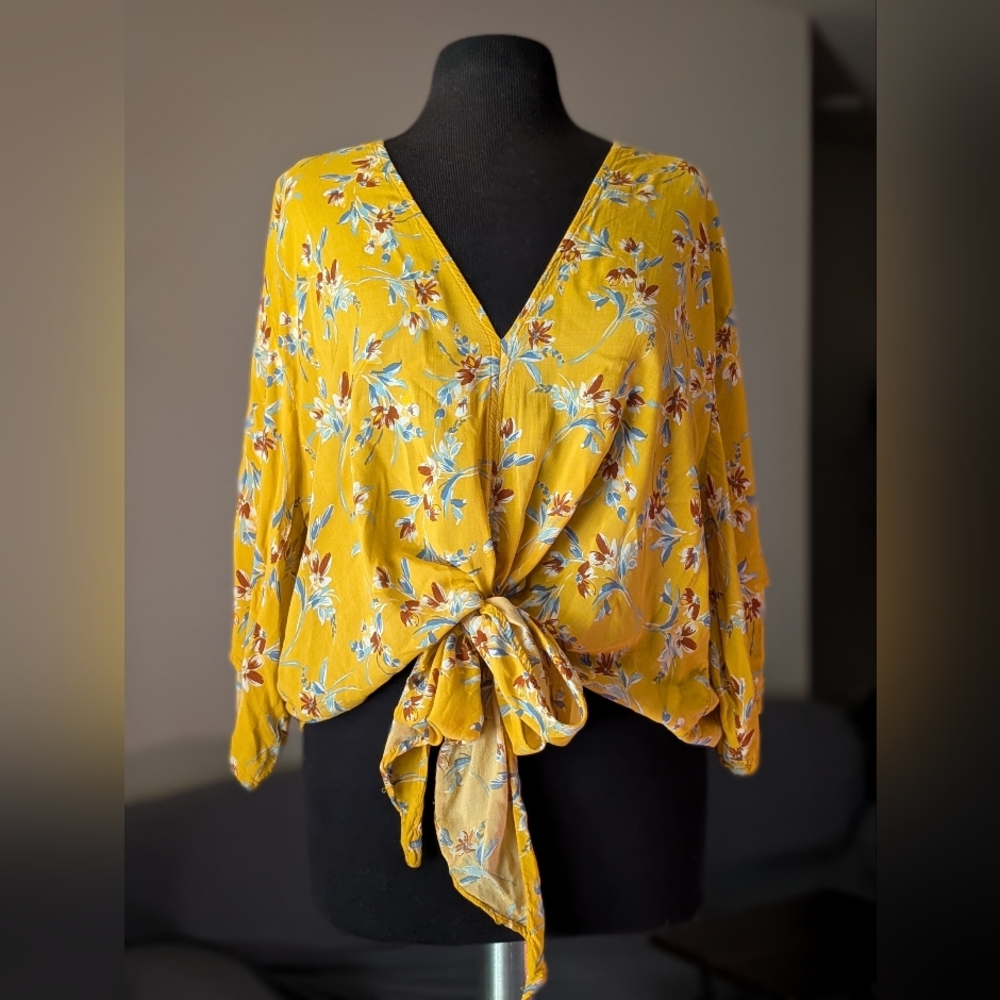 Polly & Esther Mustard Floral V-Neck Flow Top